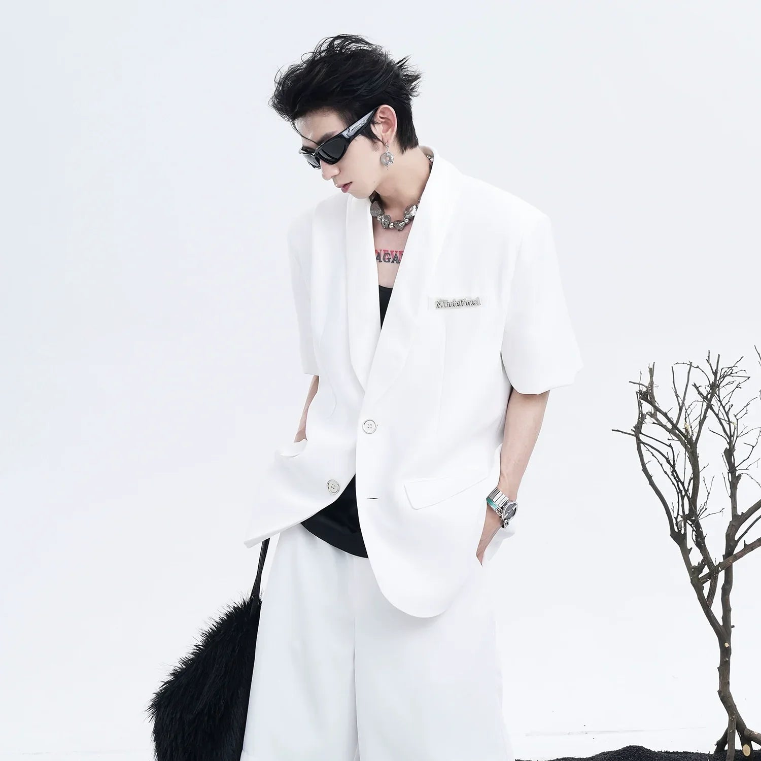 Oversize Short Sleeve Tailored Jacket & Wide-Leg Straight Shorts Setup