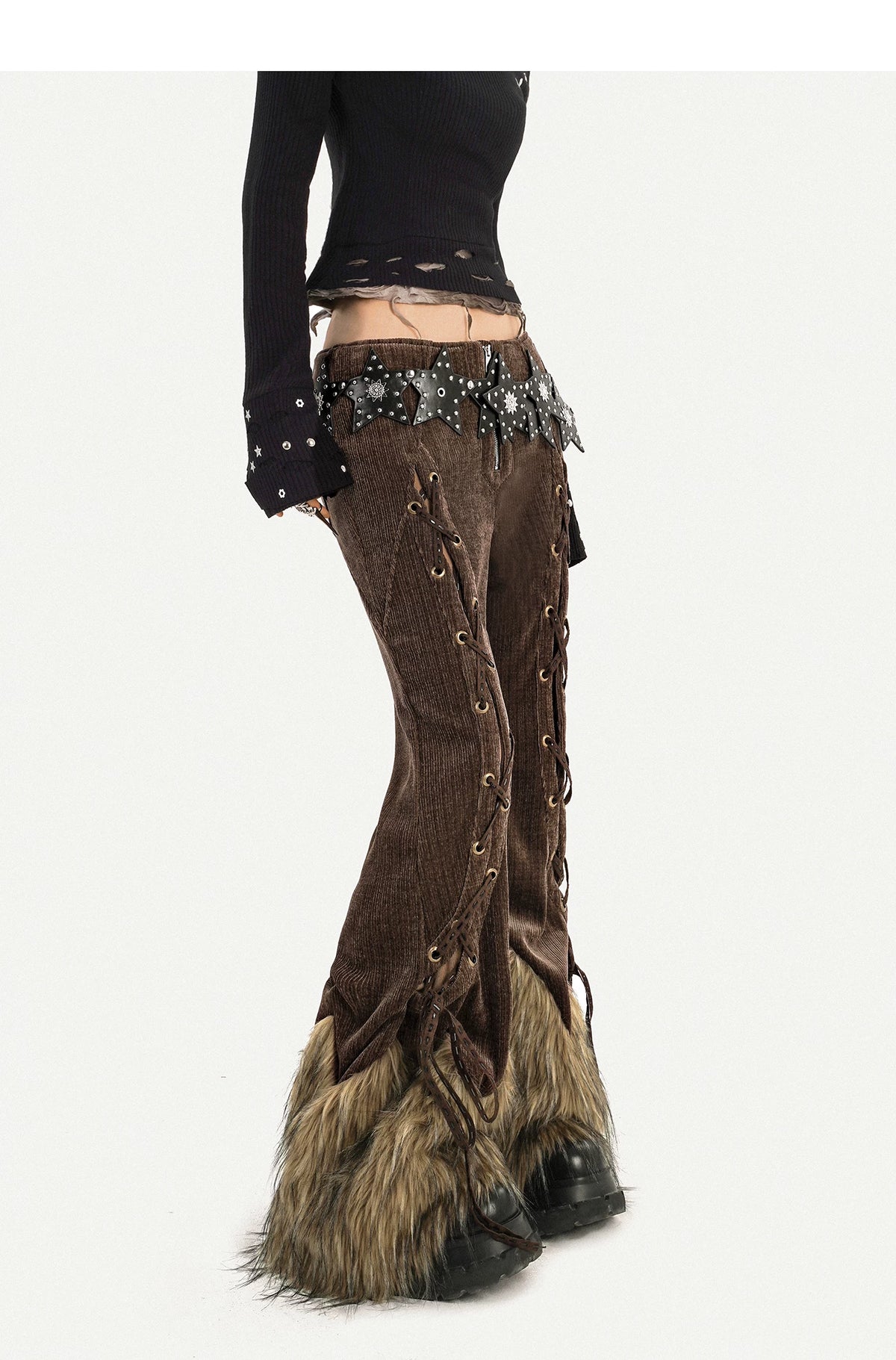 Corduroy Patchwork Fake Fur Lace-Up Slimming Pants