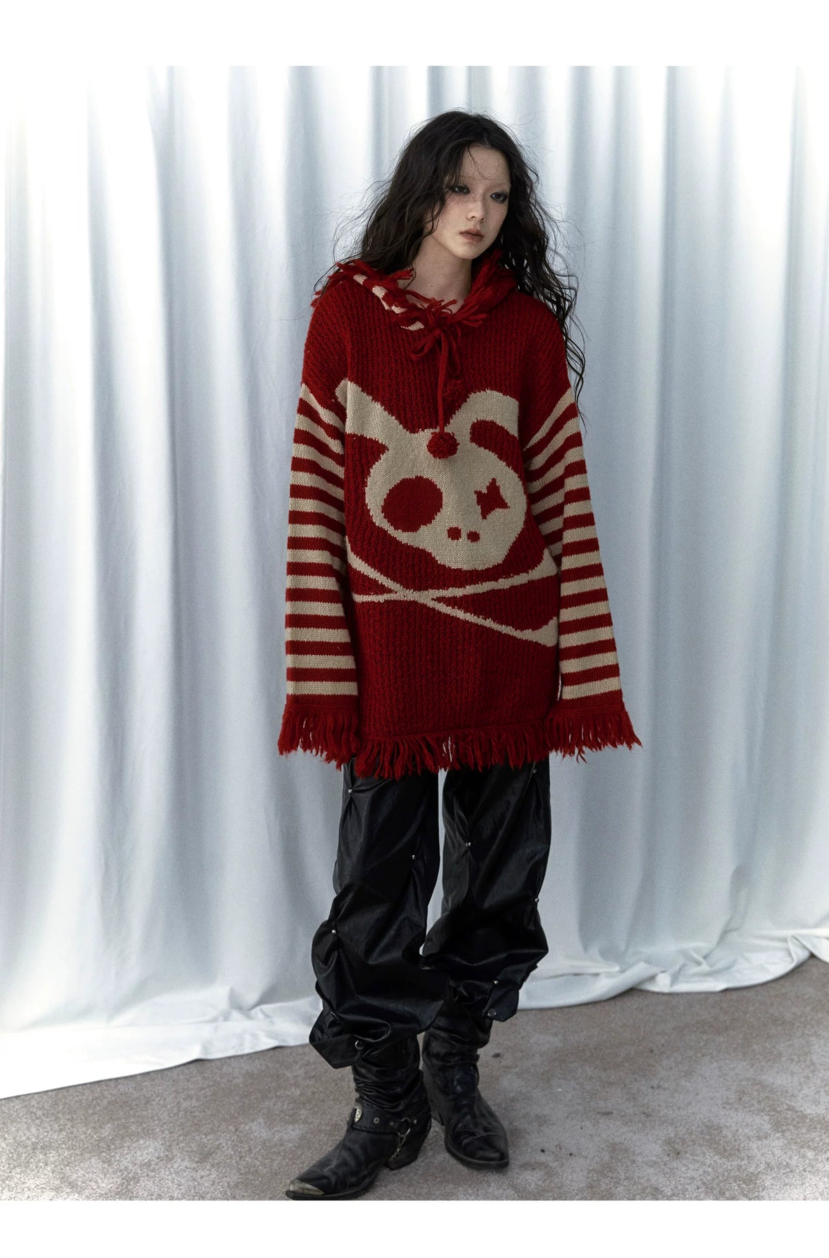 Skull Print Stripe Oversize Knit Hoodie