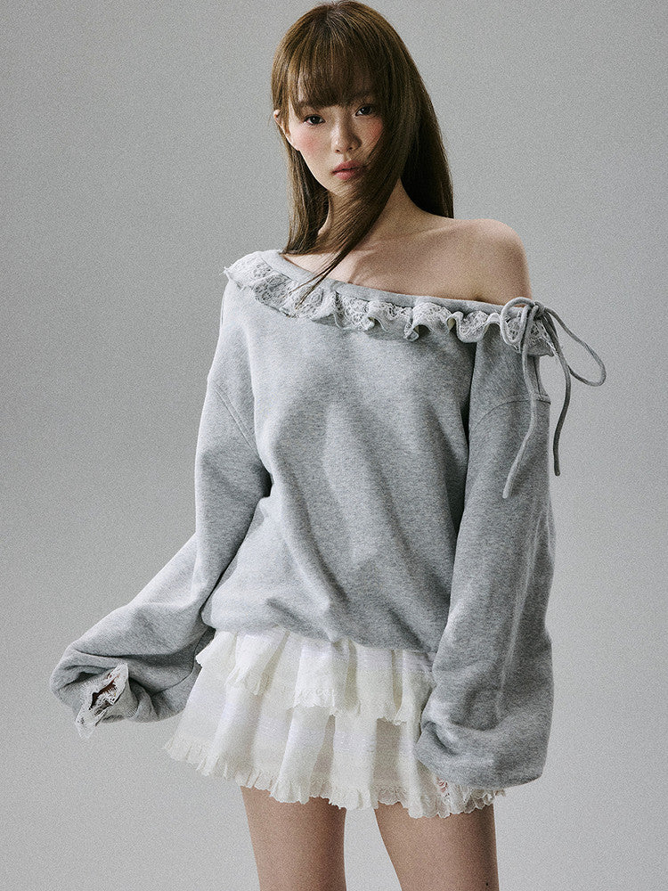 Off-Shoulder Lace Trim Sweatshirt