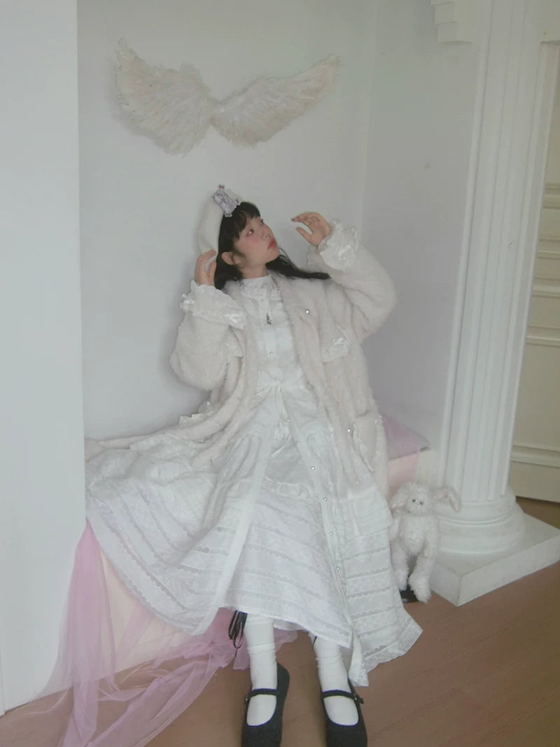 Plush Bow Ruffle Long Coat