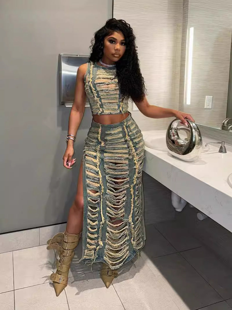 Women's Distressed Denim Set - MADXMARX