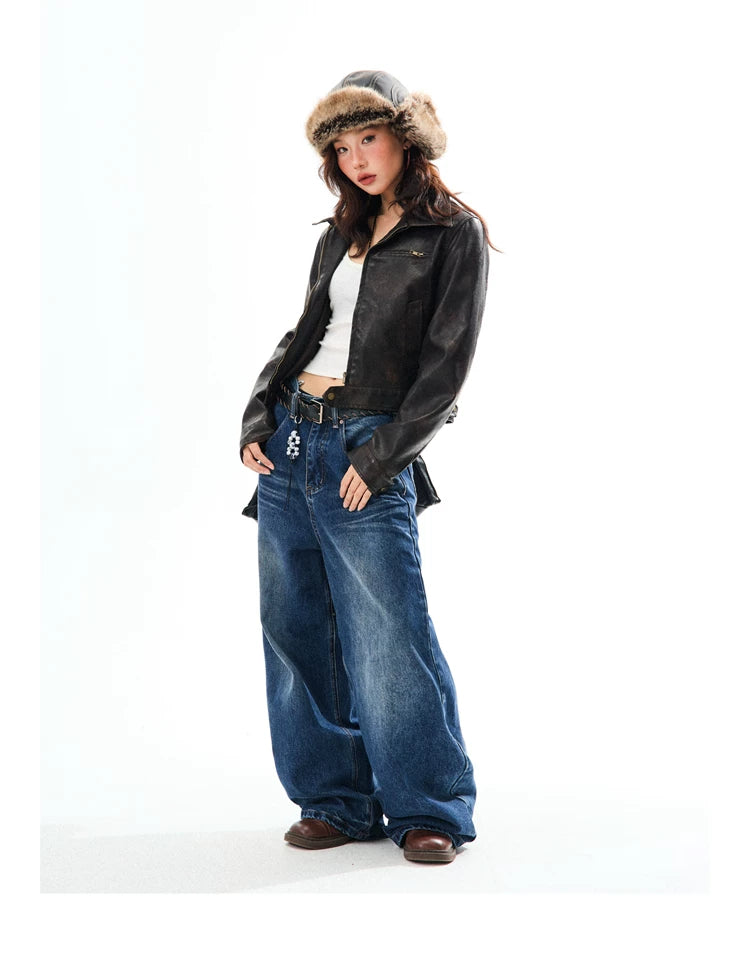 PU Leather Washed Zipper Short Length Jacket