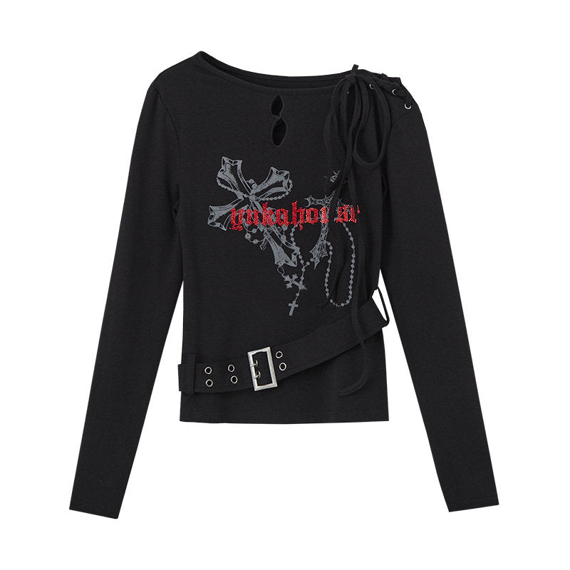 Cross Print Strap Buckle Cutout Long Sleeve T-Shirt