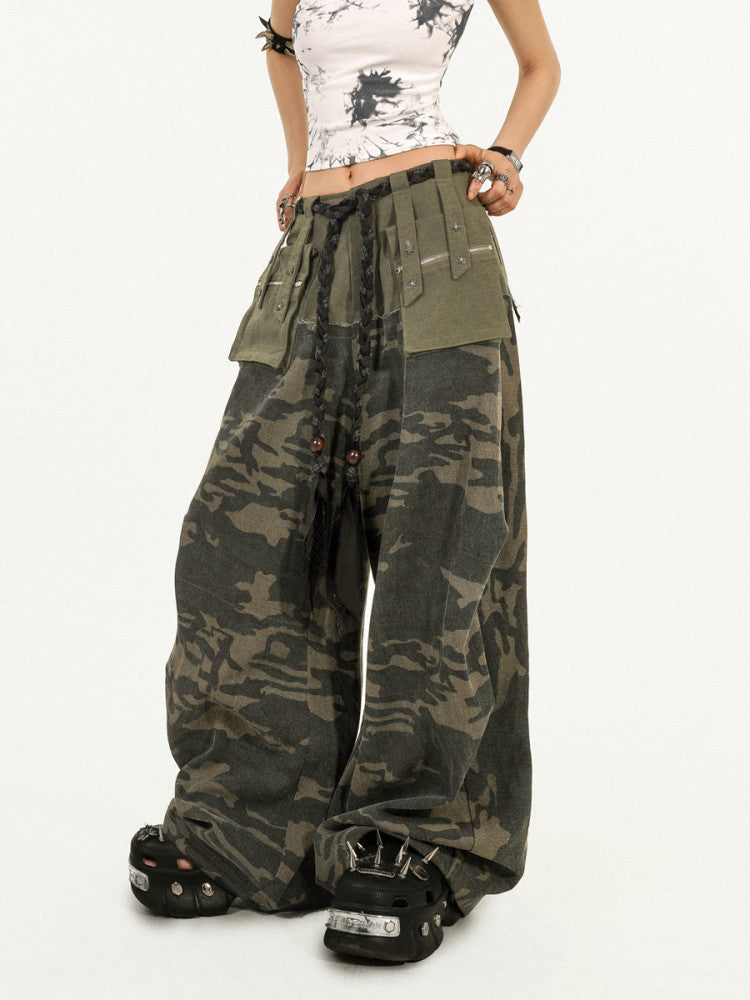 Heavy Craft Camouflage Multi-Pocket Wide Leg Cargo Pants