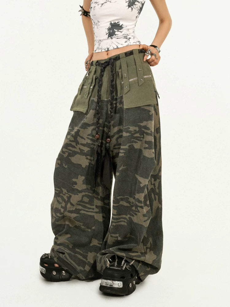 Heavy Craft Camouflage Multi-Pocket Wide Leg Cargo Pants