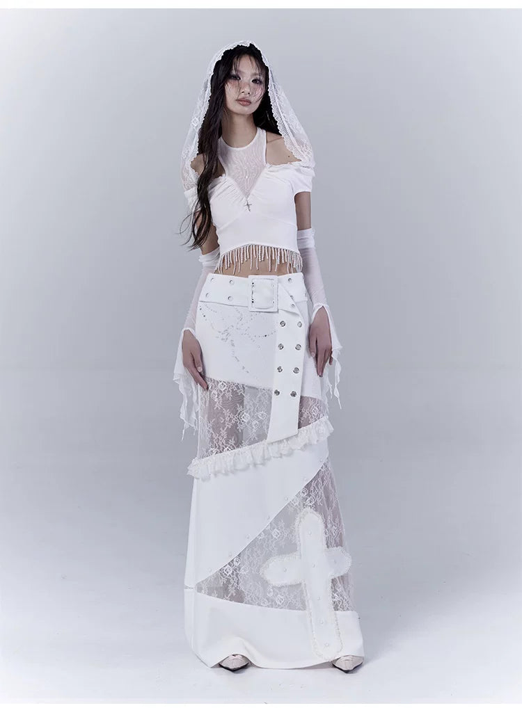 Lace Patchwork Low Waist Long Skirt