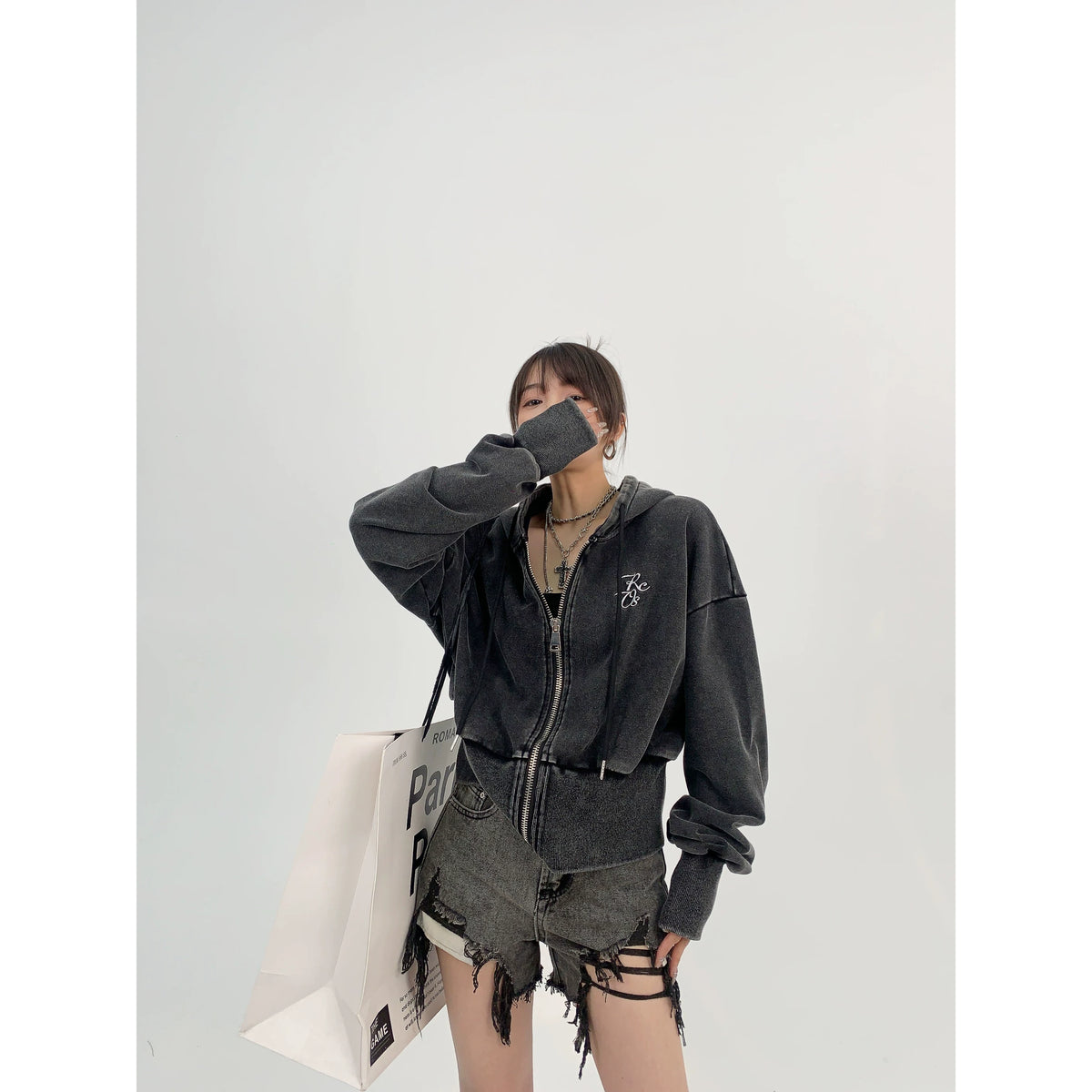 Logo Embroidery Zipper Short Hoodie