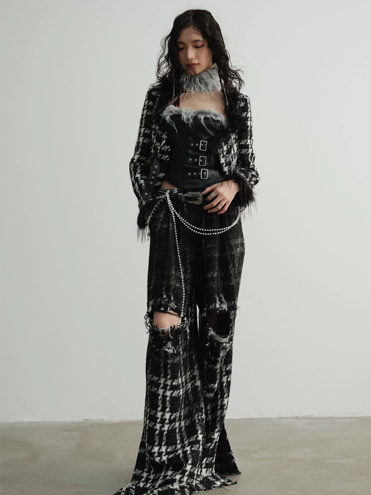 Hairy Low Collar Houndstooth Jacket
