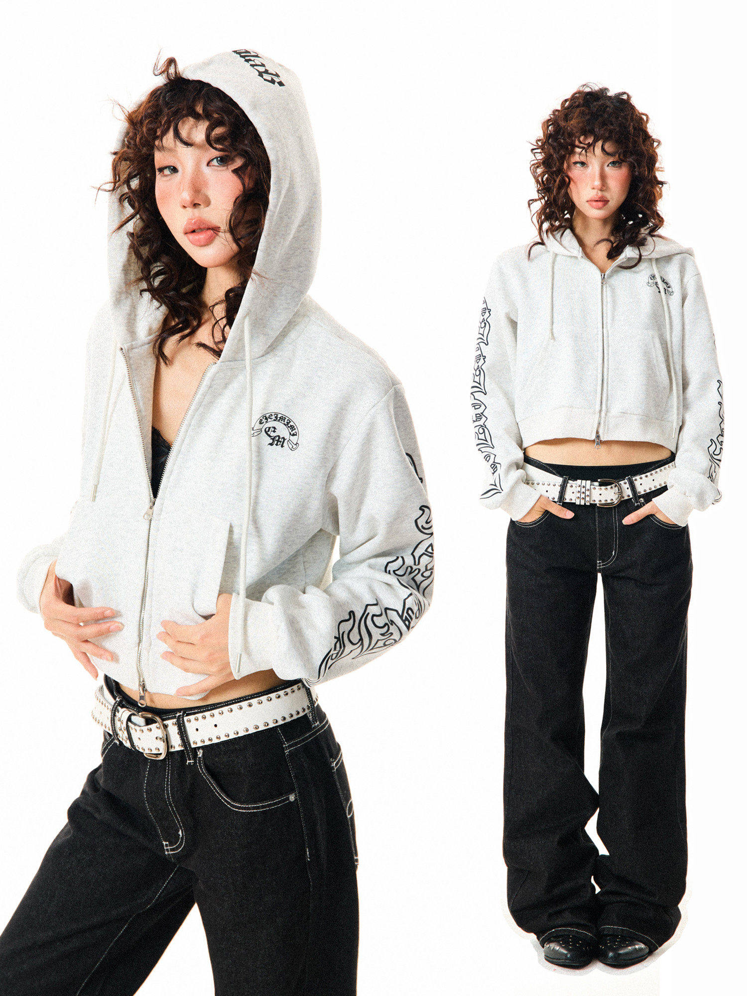Gothic Logo Print Cropped Zipper Hoodie