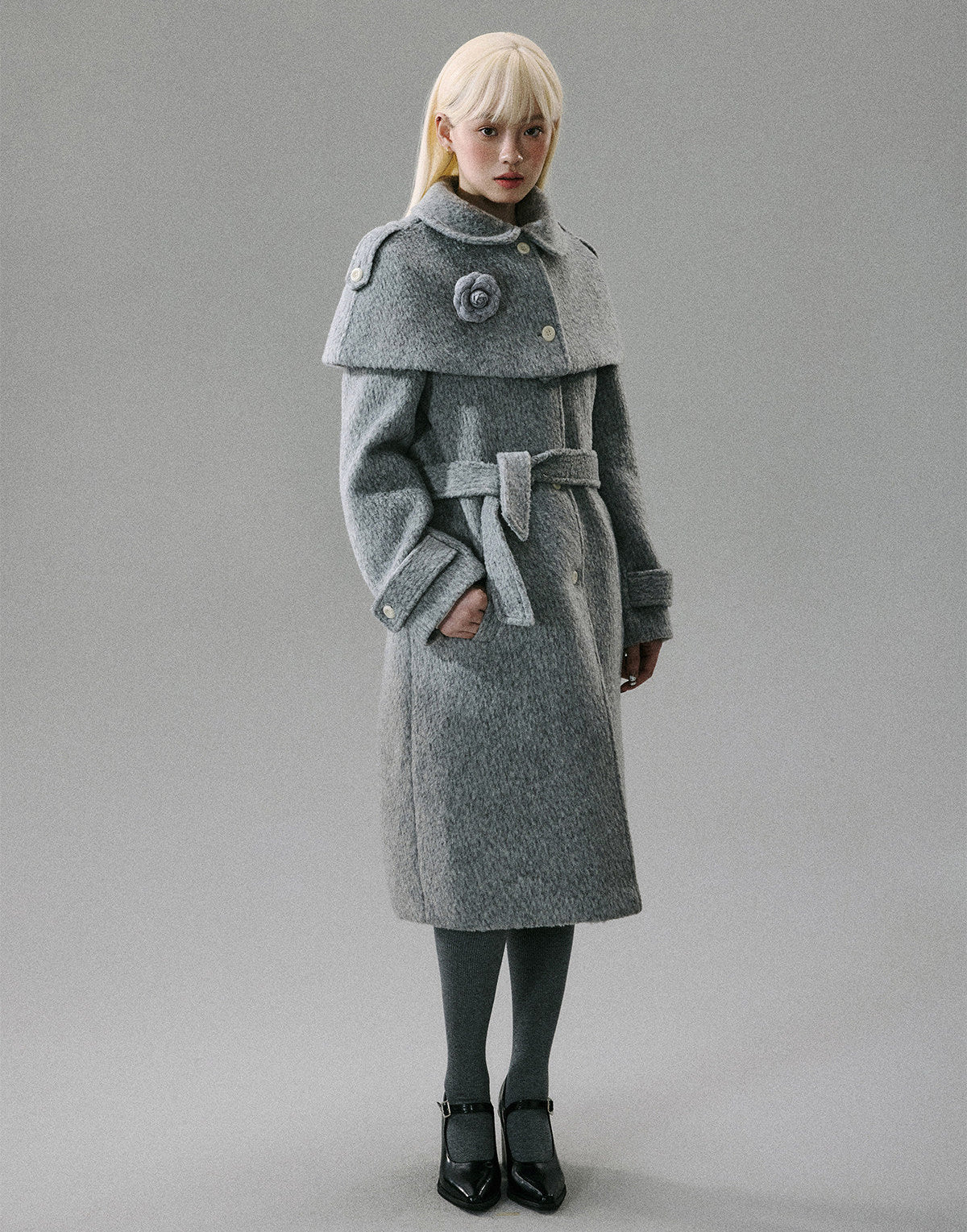 Cape Collar & Flower Detail Belted Coat