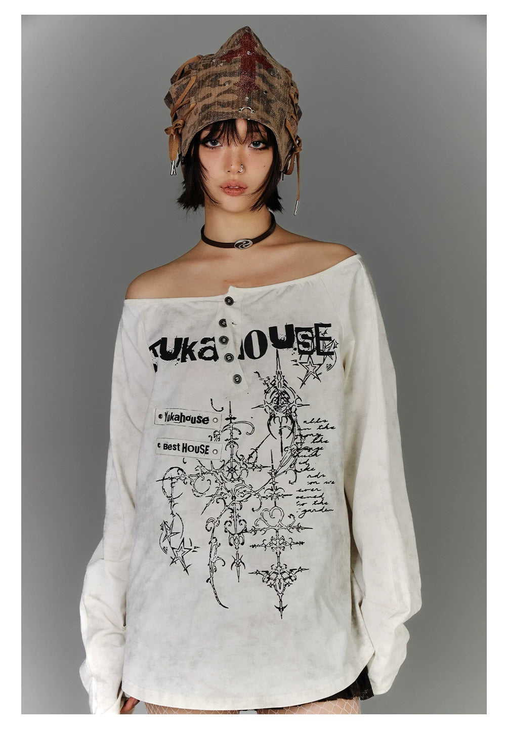 Off-Shoulder Graphic Print Button Long Sleeve T-Shirt