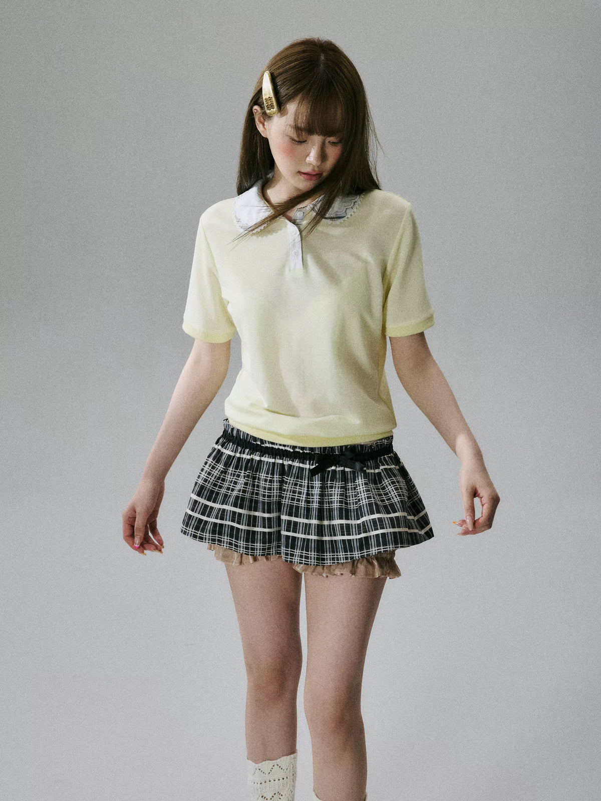 Lace Collar Short Sleeve Polo Shirt