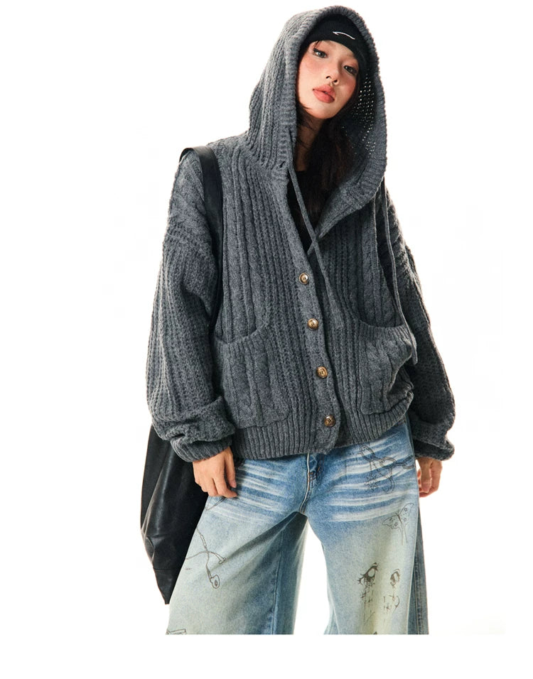 Hooded Button Oversize Cable Knit Cardigan