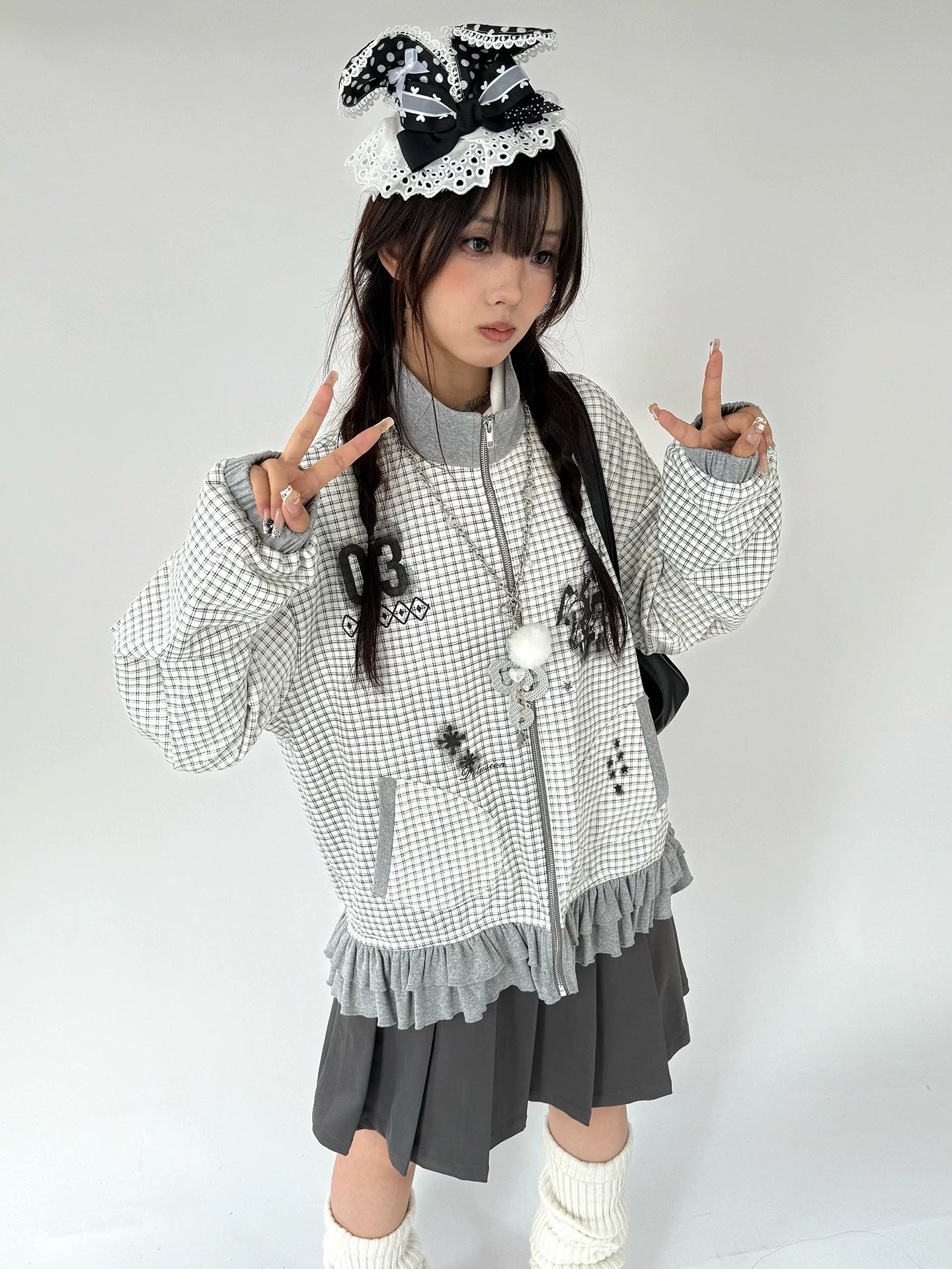 Checkered Ruffle Hem Oversize Zipper Hoodie