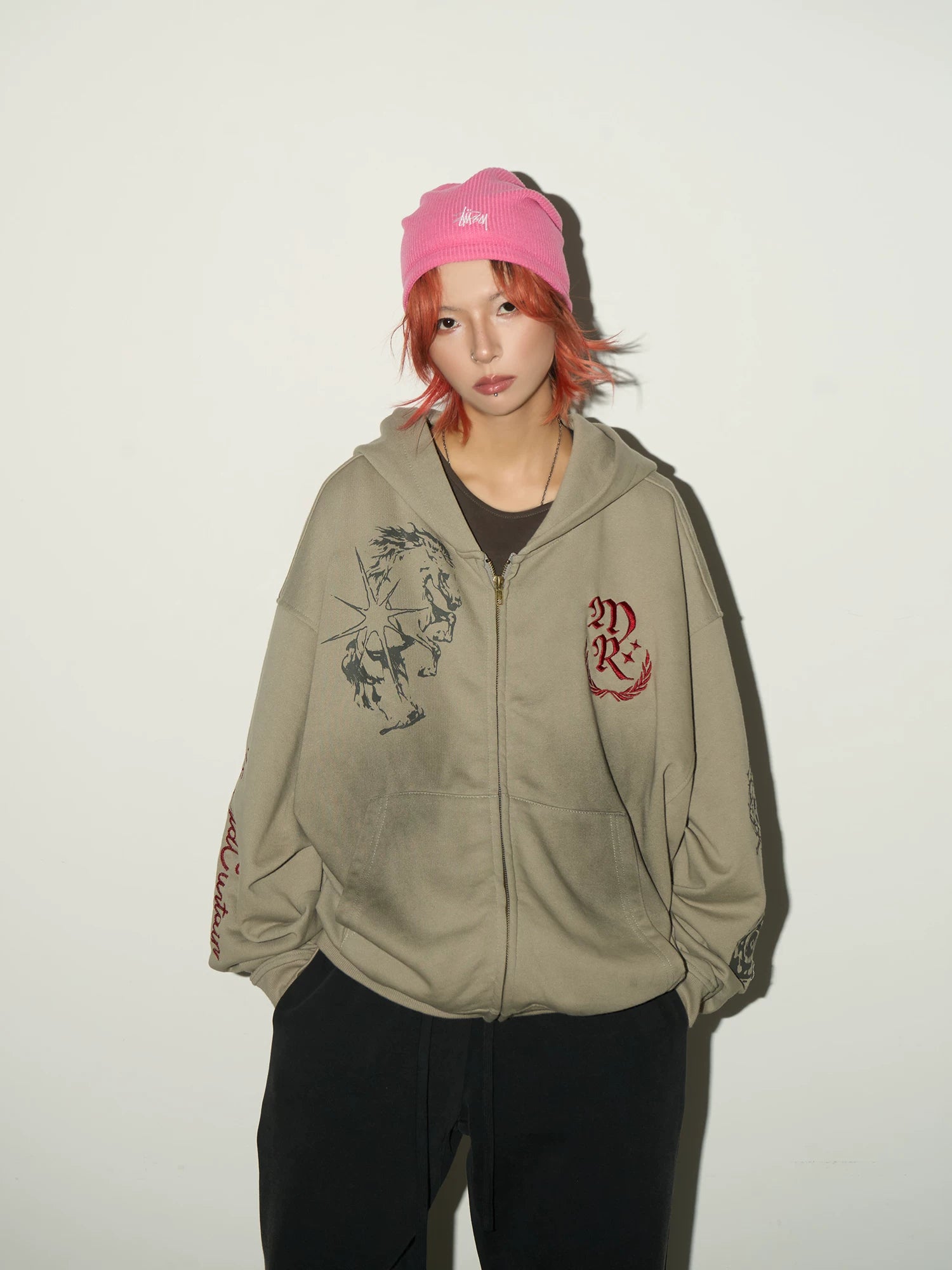 Embroidery Damage Zipper Hoodie