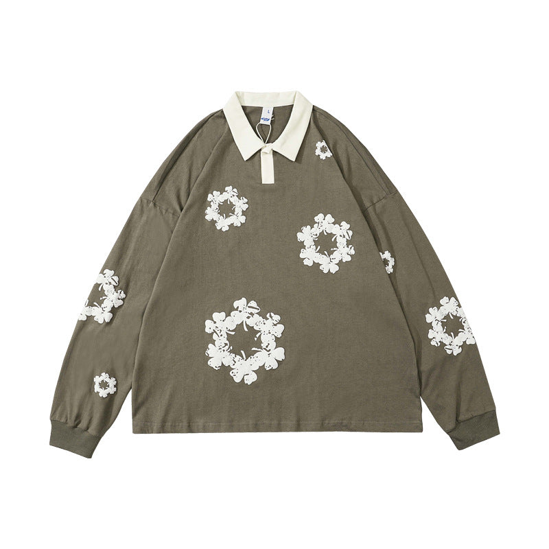 Foam Print Snowflake Long Sleeve Polo Shirt