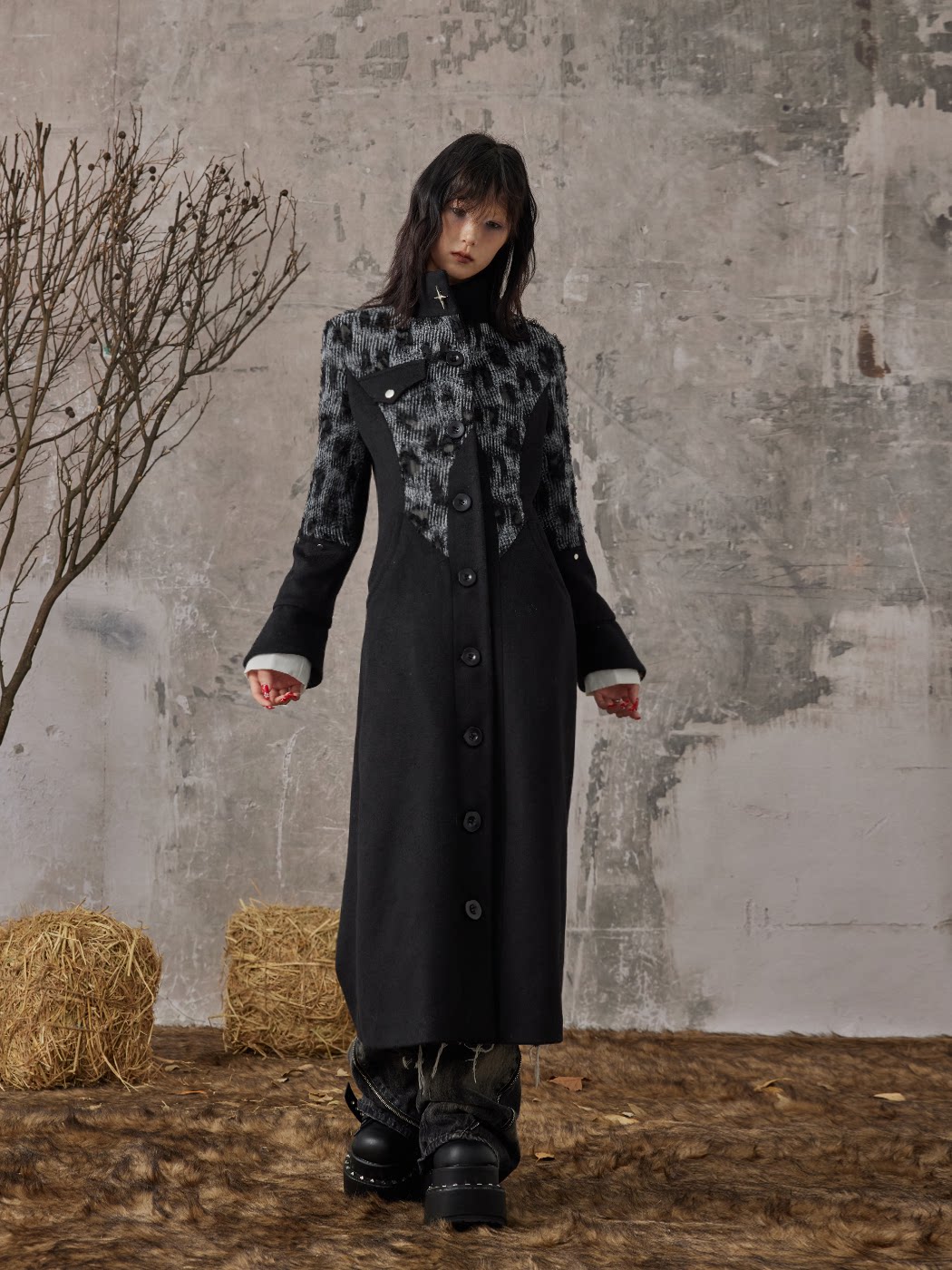 High-Neck Studs Patchwork Wool Coat