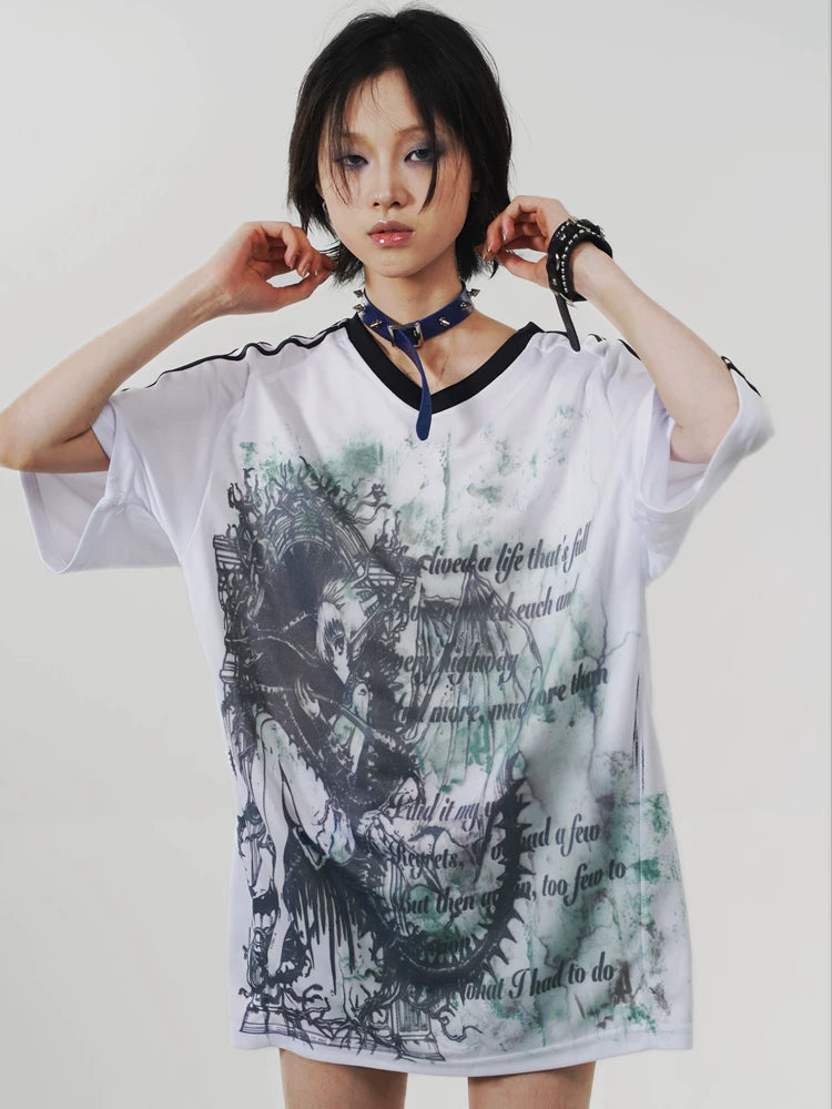 Anime Print Oversize V-Neck Short Sleeve T-Shirt