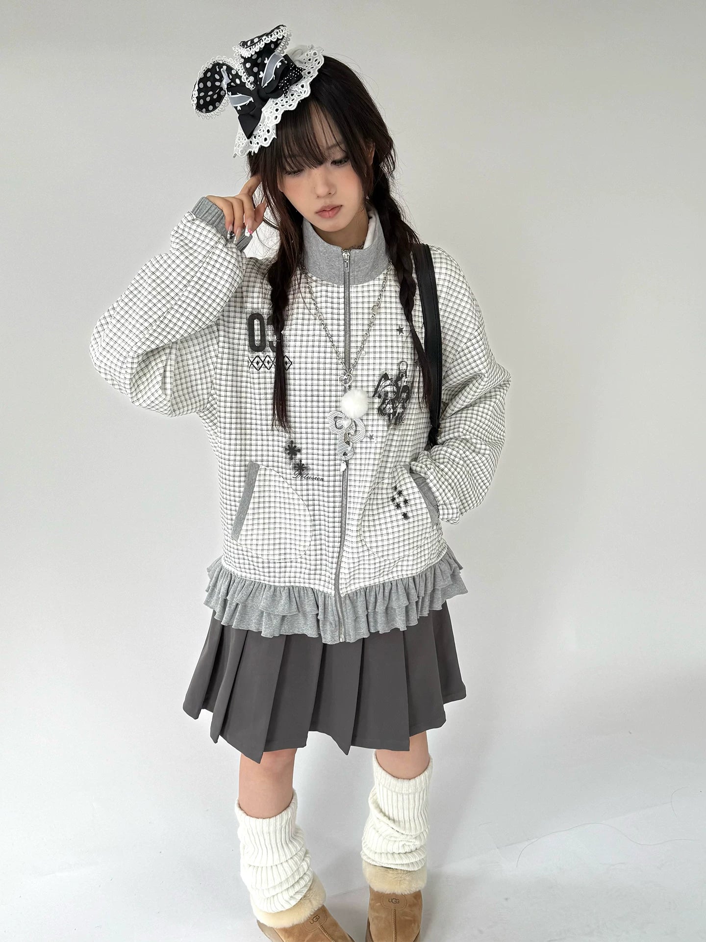Checkered Ruffle Hem Oversize Zipper Hoodie