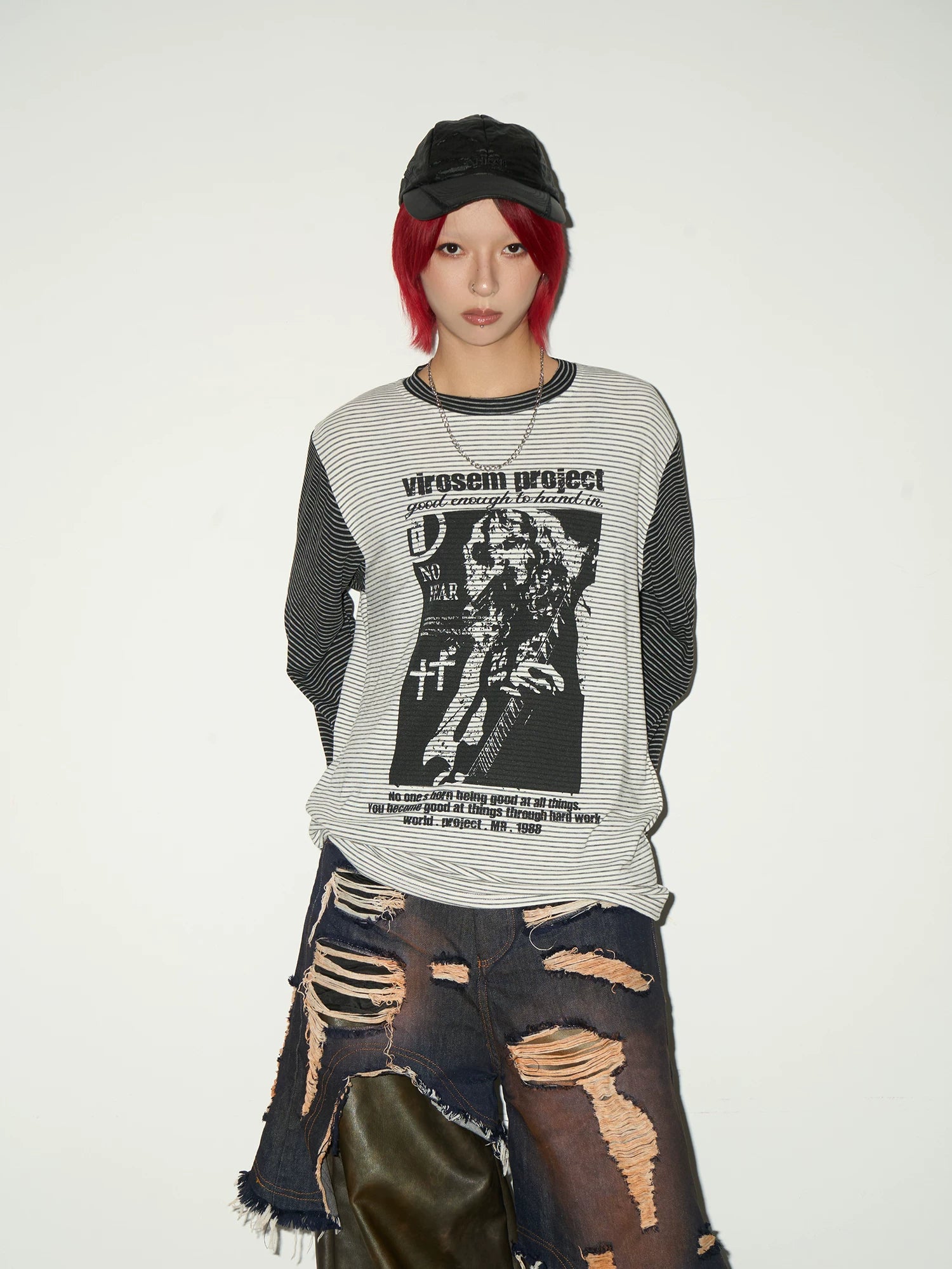 Stripe Graphic Print Layered Long Sleeve T-Shirt
