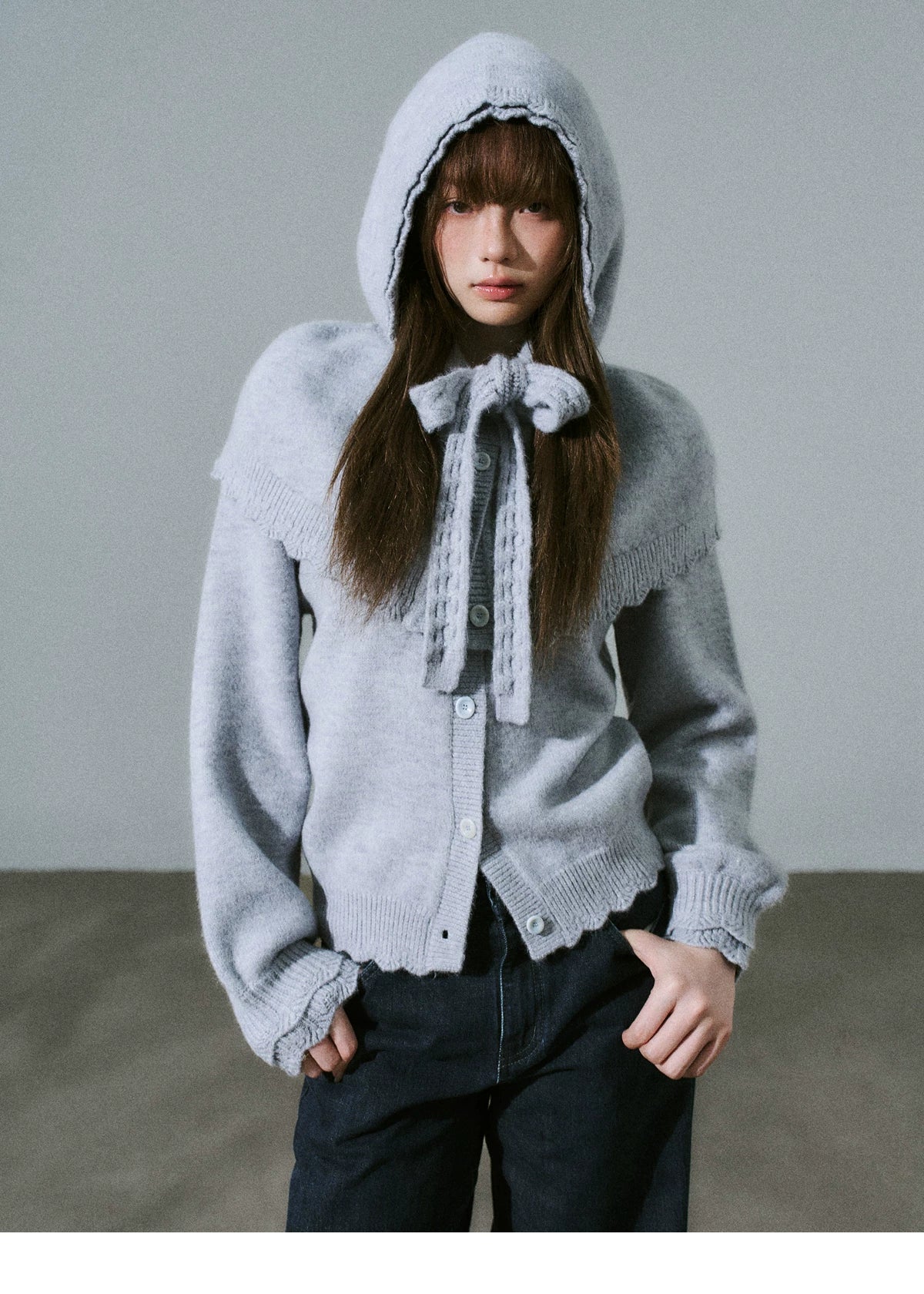Ruffled Collar And Bow Detail Knit Cardigan