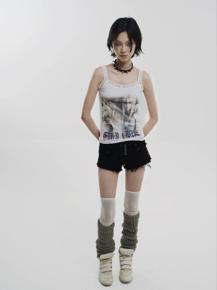 Angel Wolf Print Y2k Style Lace Camisole