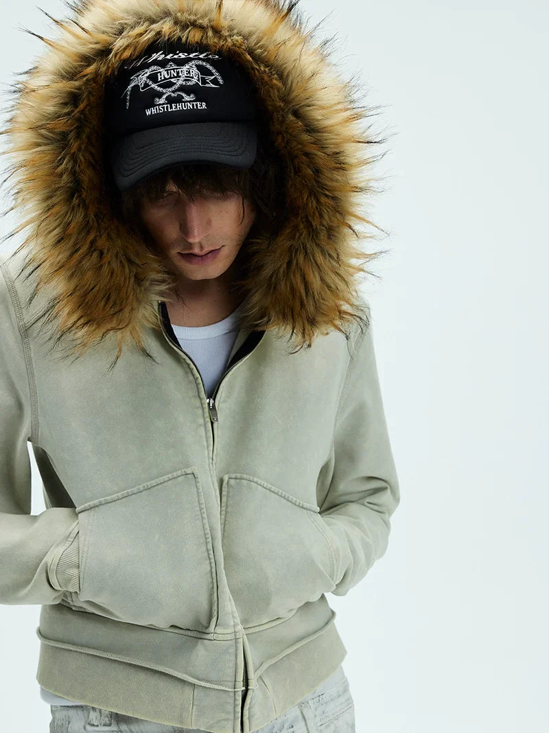 Detachable Fake Fur Washed Zipper Hoodie