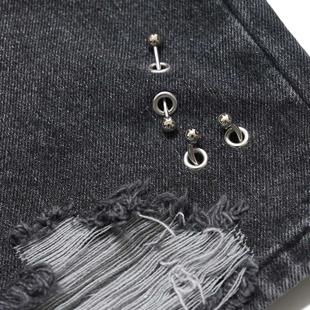 Pierced Distressed Denim Shorts