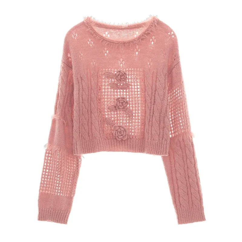 Rose Design Short Knit Sweater
