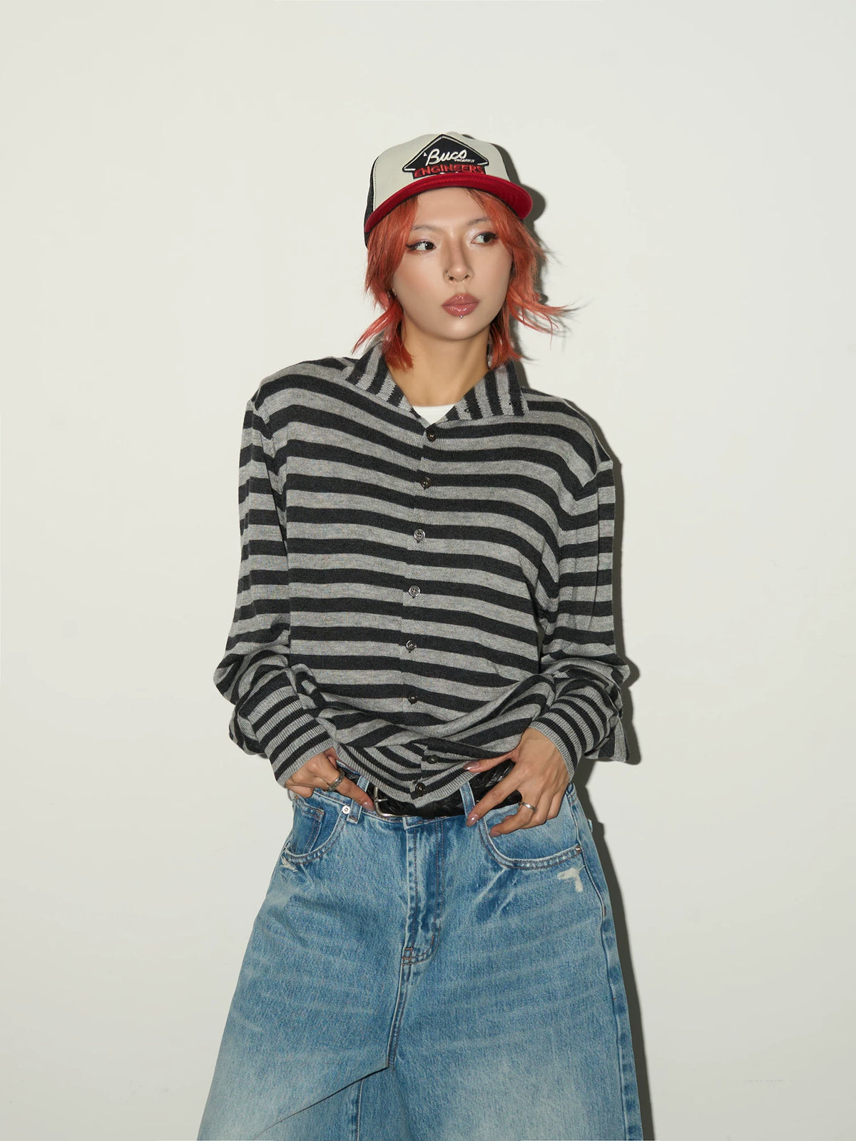 Contrast Stripe Wool Knit High-Neck Cardigan