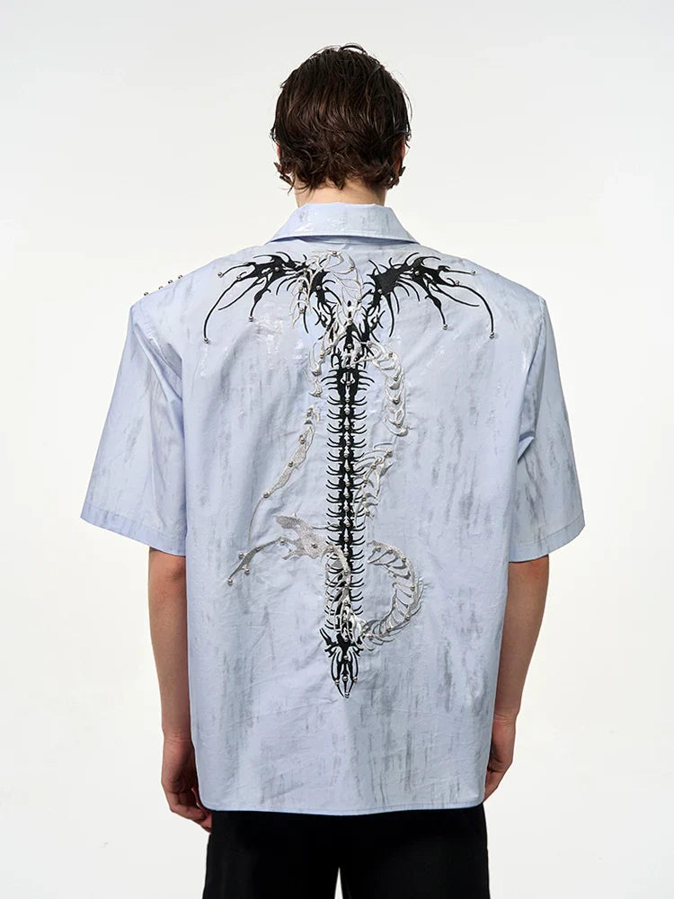 Snake Spine Beaded Foil Print Shoulder-pad Short Sleeve Shirt