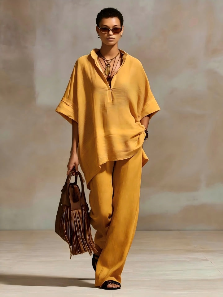 2 Piece Summer Set Loose V Neck Batwing Top & Wide Leg Pants