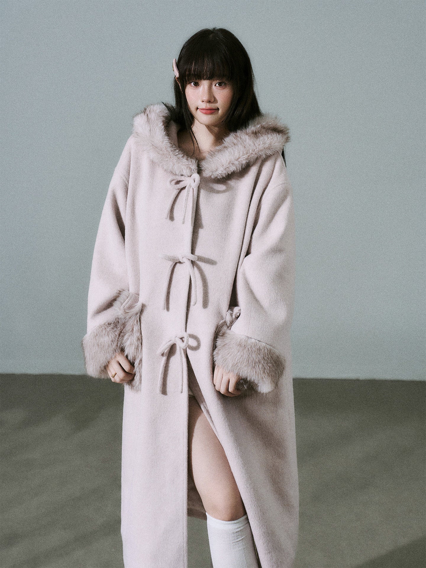 Bow Detail Fake Fur Trim Coat