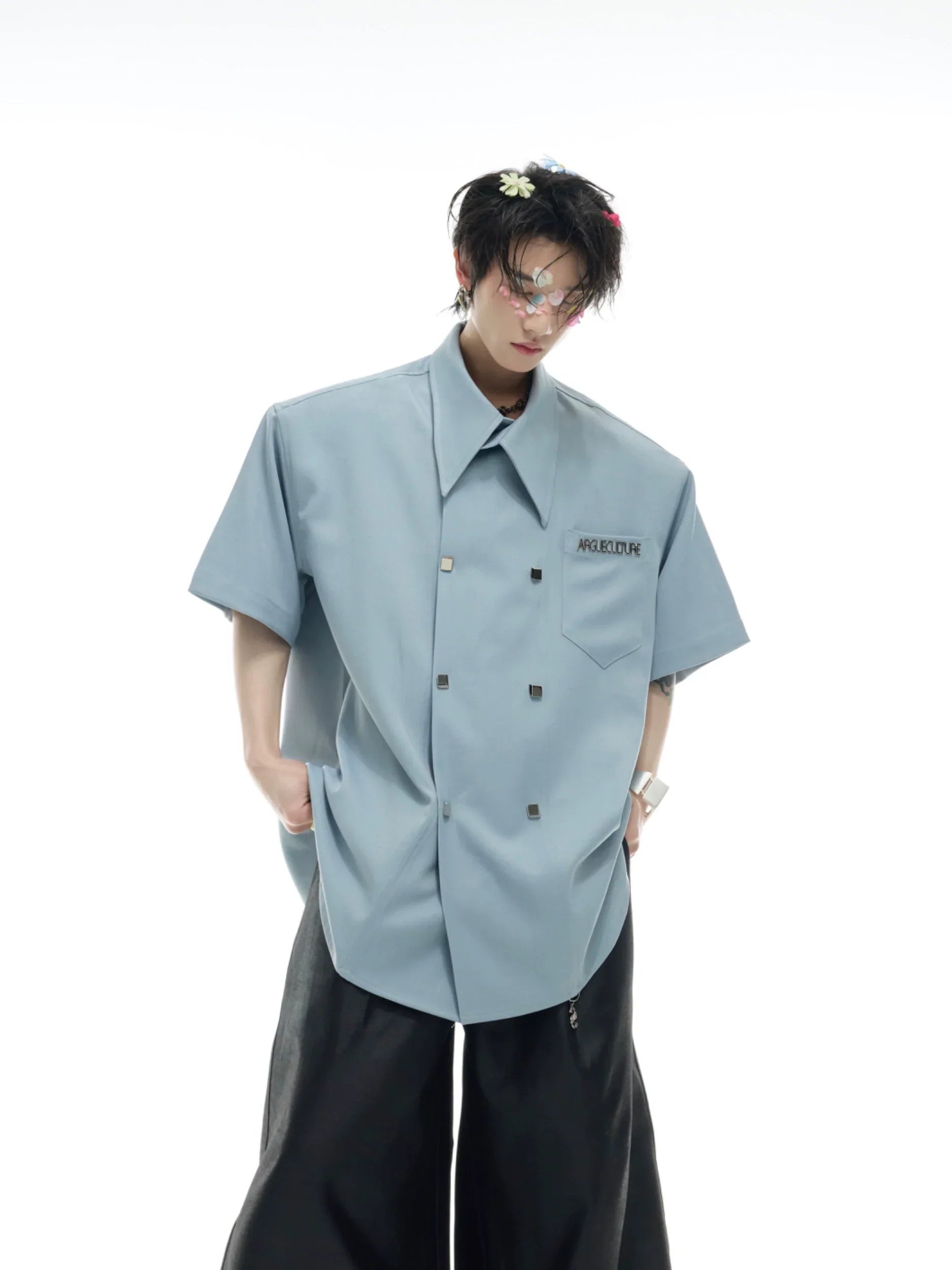 Double-Breasted Design Oversize Short Sleeve Shirt
