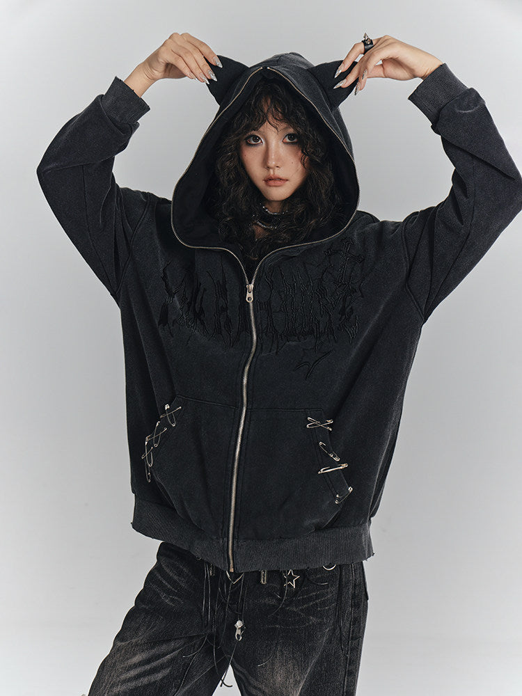 Cat Ear Safety Pin Oversize Zipper Hoodie