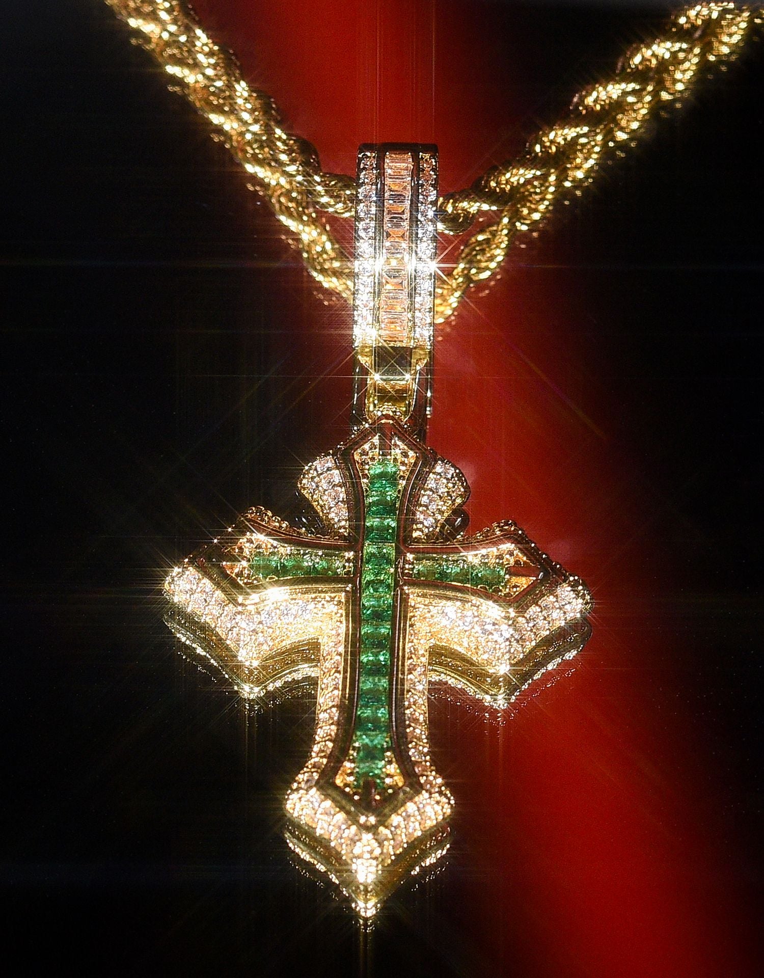 Gold Plated Cross Necklace With Green Zircon Diamonds