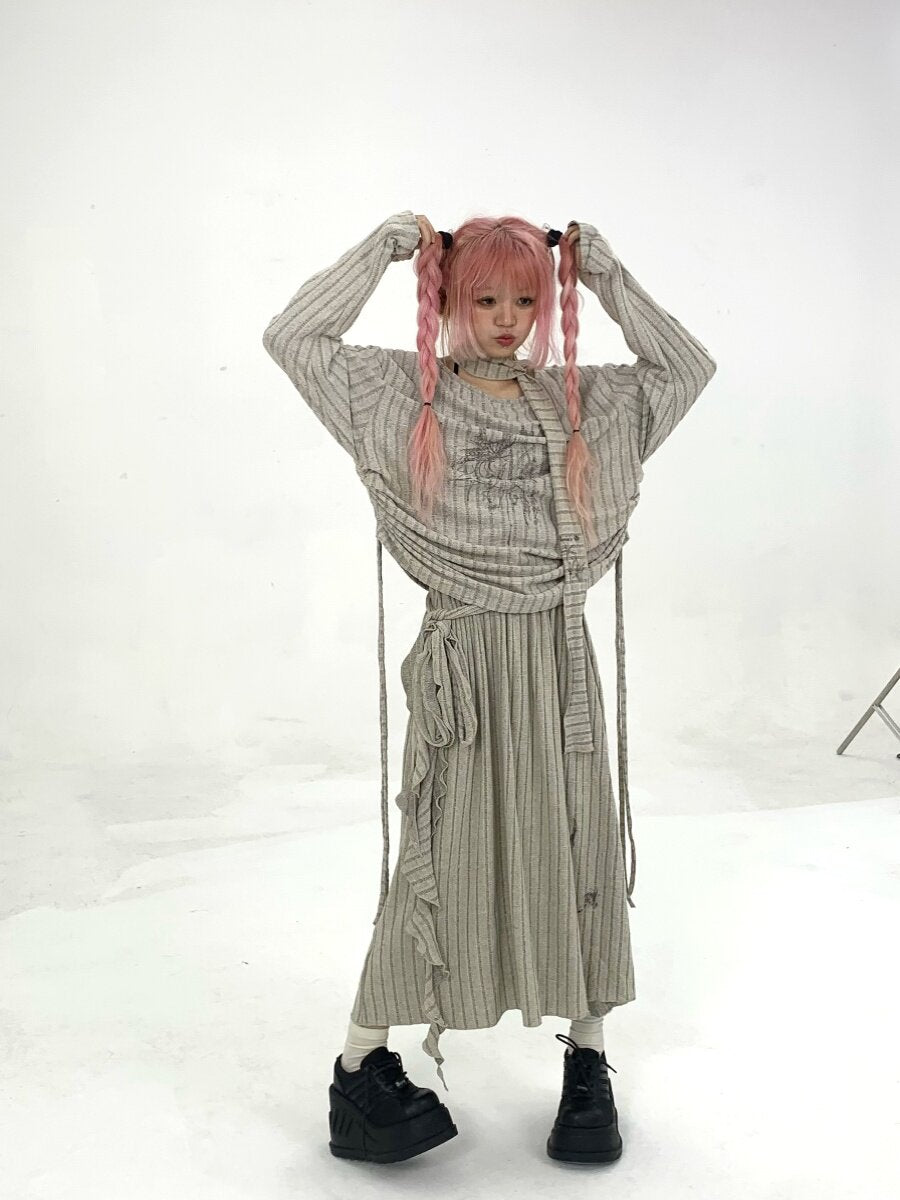 Ribbed Letter Print Strap Detail Oversize Knit Sweater