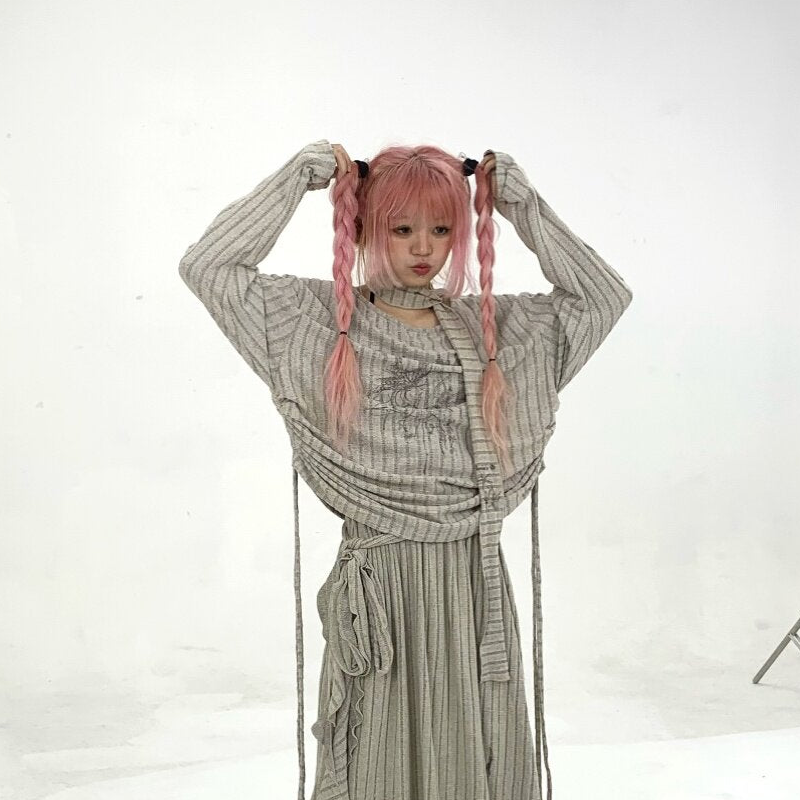 Ribbed Letter Print Strap Detail Oversize Knit Sweater
