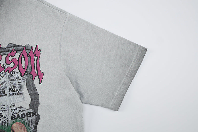 Washed Portrait Letter Print Short Sleeve T-Shirt