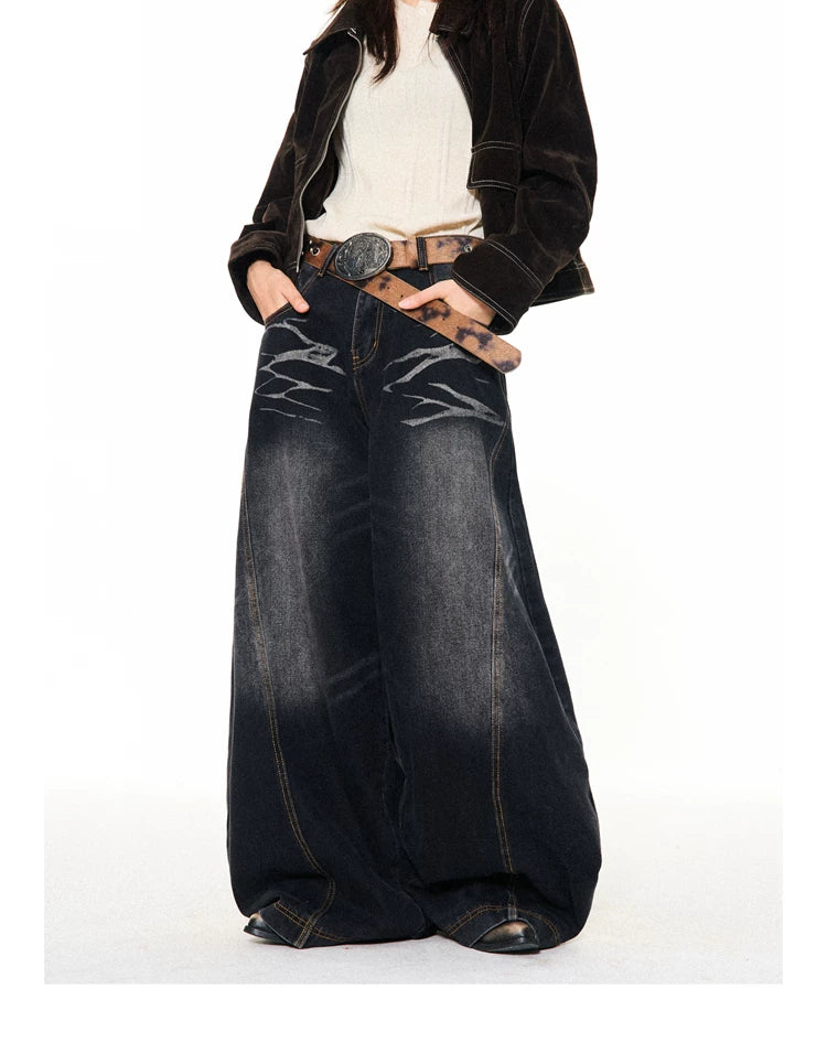 Washed Scratch Detail Wide Leg Denim Jeans