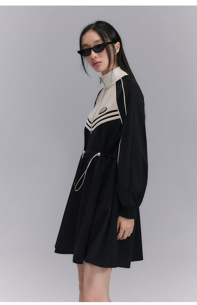 Embroidery Color Blocking Sporty Long Sleeve Jersey Dress