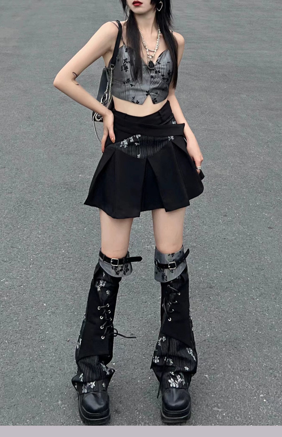 Floral Camisole Bustier & Flare Leg Warmers & Pleats Skirt & Cropped Jacket Setup