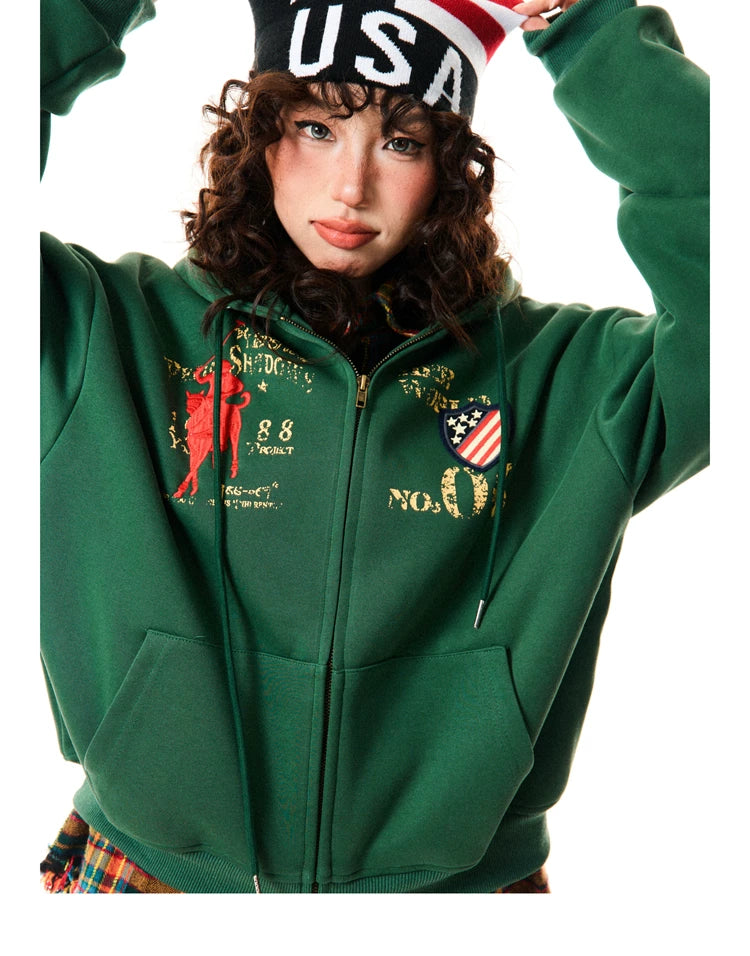 Letter Embroidery Washed Zipper Hoodie