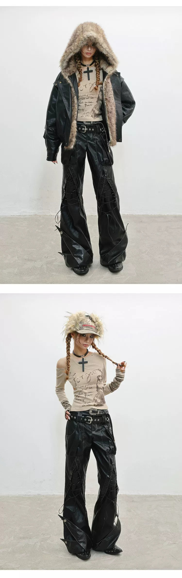 Original Design Lace-Up Double Waistband Structural PU Leather Pants