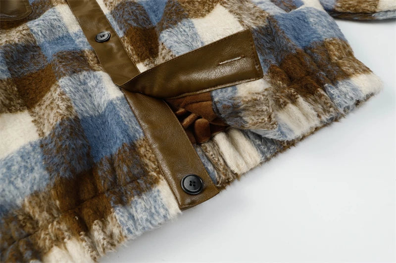 PU Leather Mix Woolen Plaid Jacket