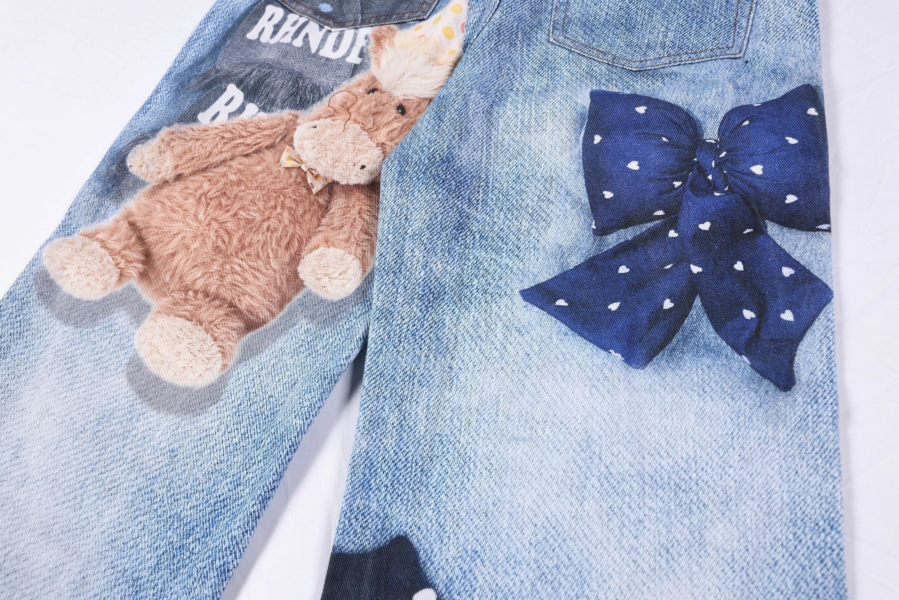 Washed 3D Character Print Wide Leg Denim Jeans