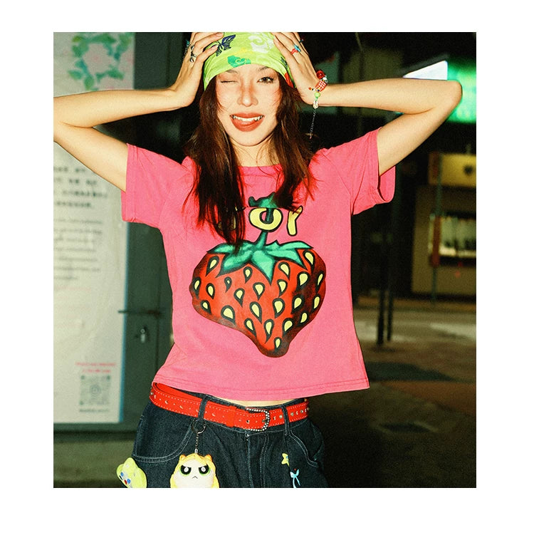 Strawberry Print Cropped Short Sleeve T-Shirt