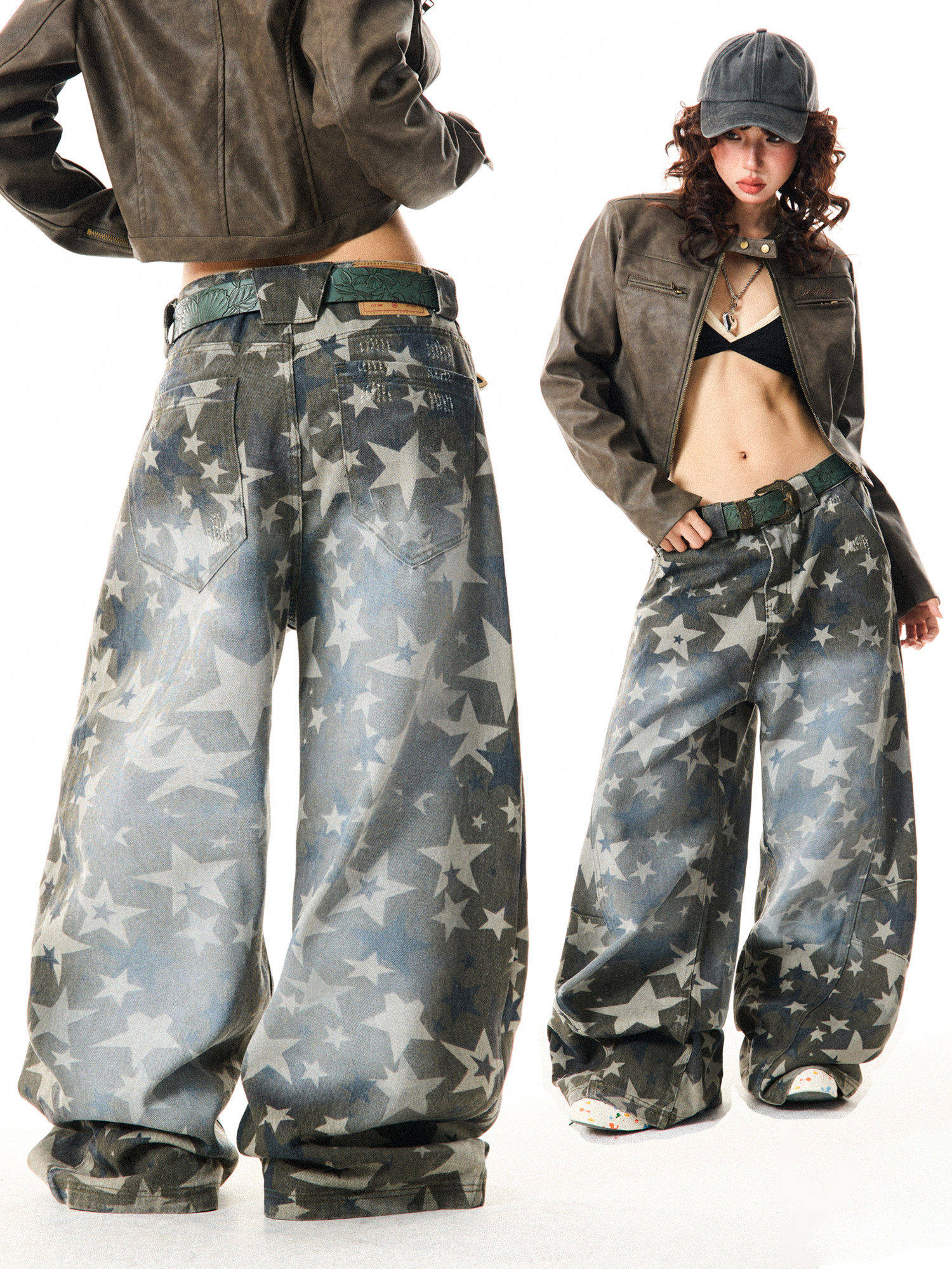 Star Print Damage Wide Leg Denim Jeans