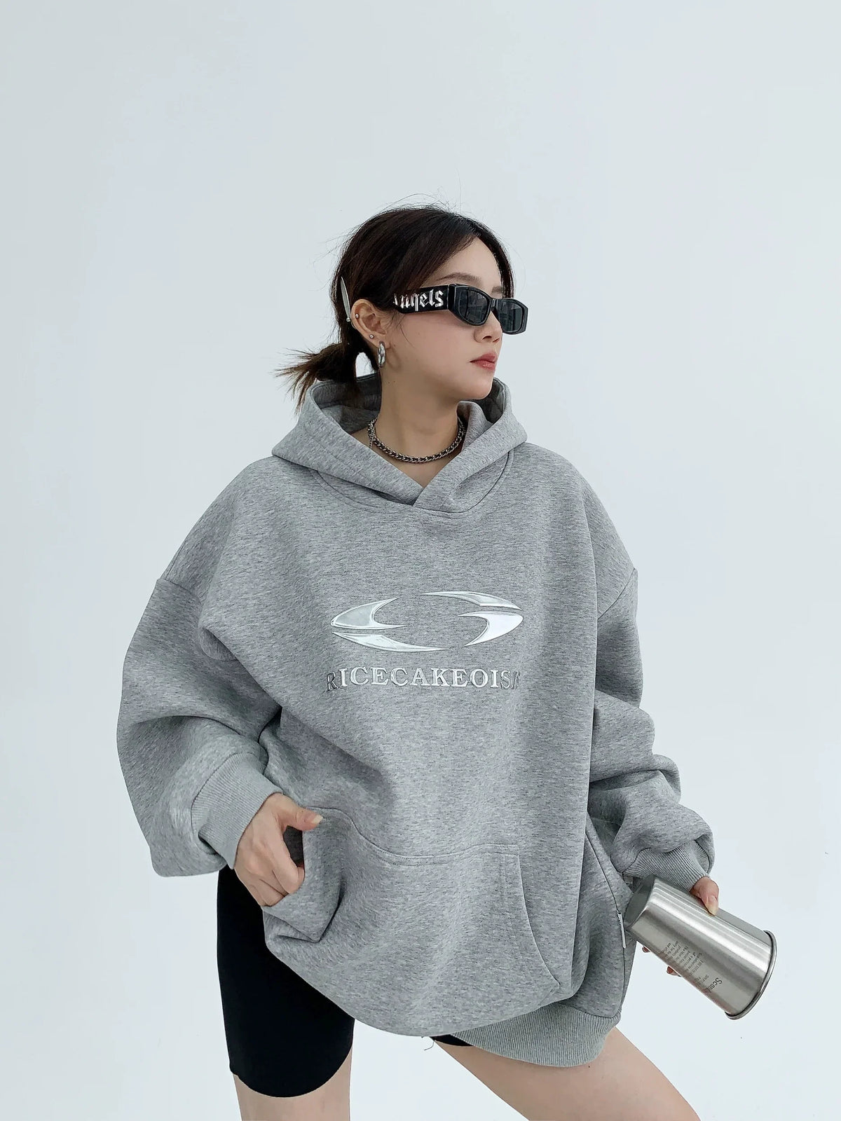 Silver Logo Print Oversized Hoodie